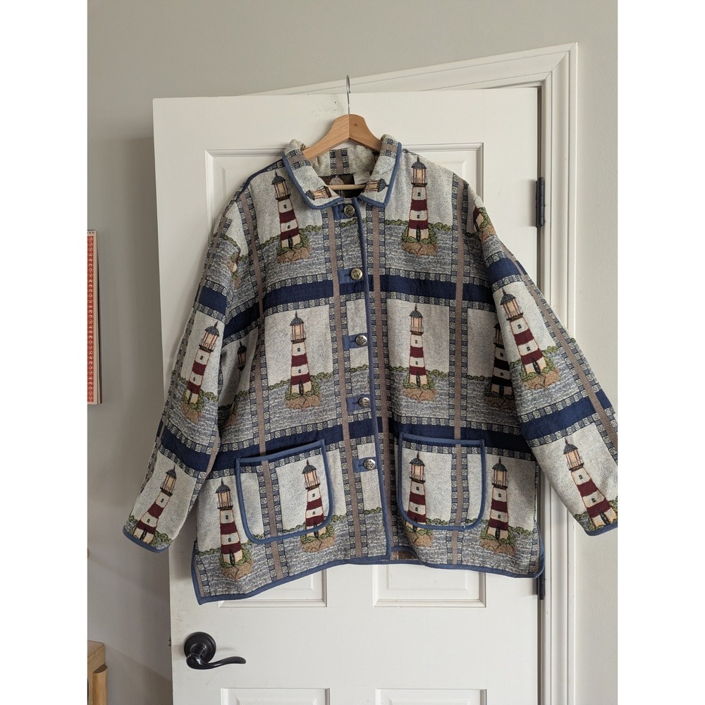 Vintage 90s Blair Lighthouse Tapestry Jacket Nautical Sailboats Women's Size 3XL